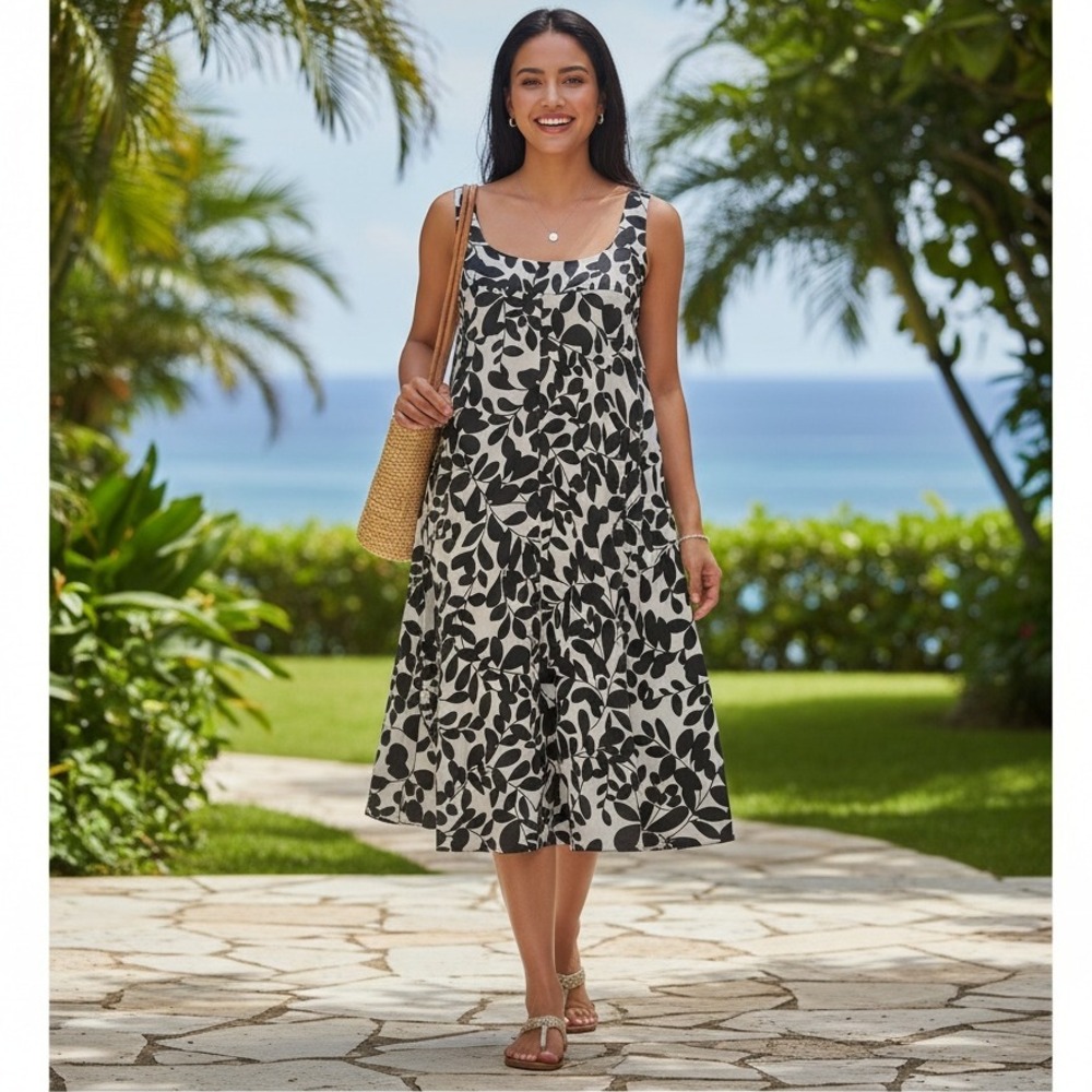 Dolce & Gabbana Dress Knee Length Blk & Wht Silk Flowy Zip Box Neck Cottage READ